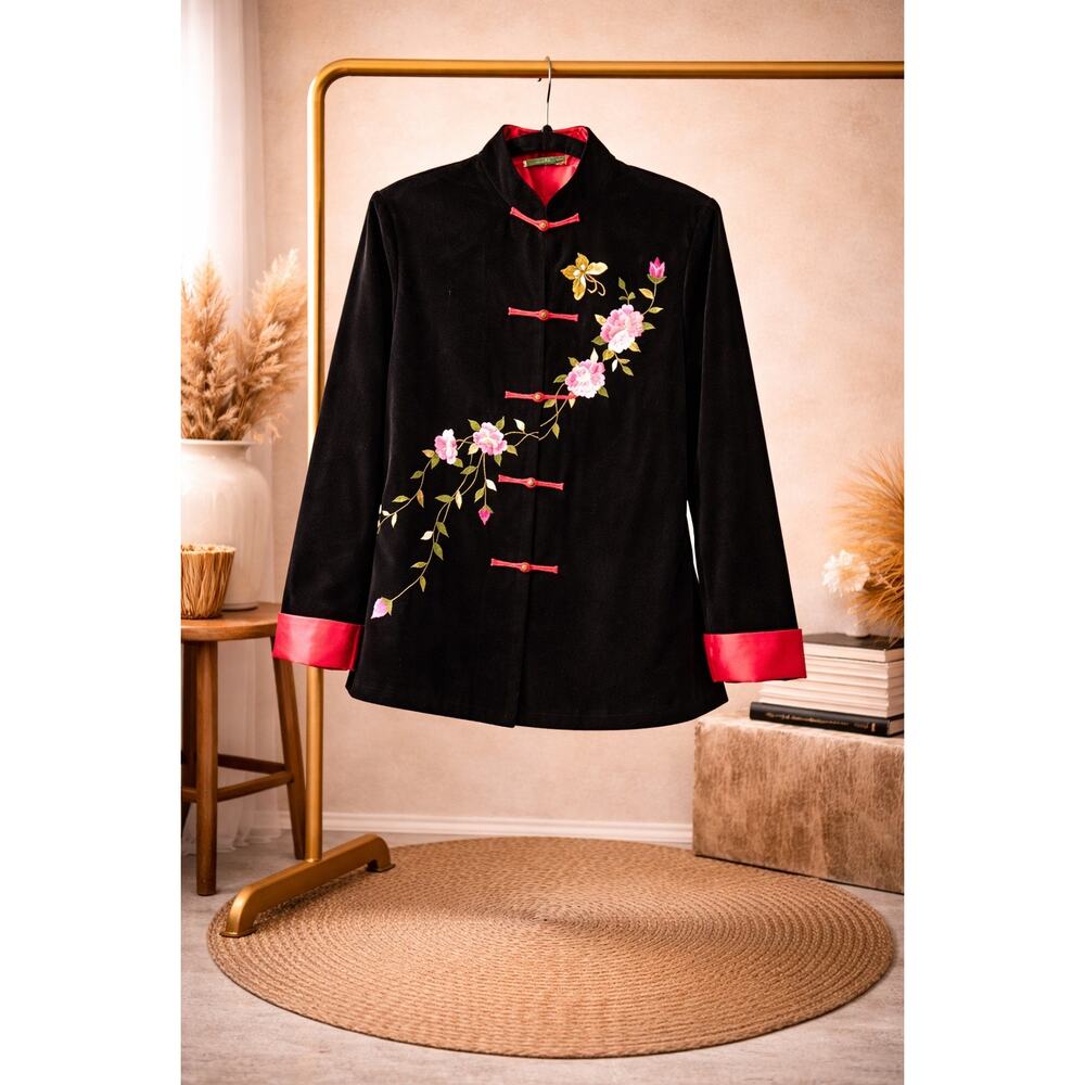 Vintage Woo Ping Lane Embroidered Jacket L Black Pink Floral Frog Closure Asian